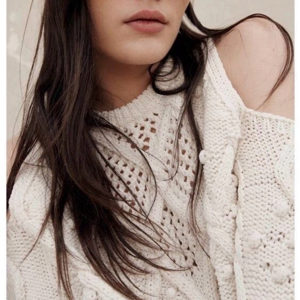 Zara chunky Cable Knit cold Shoulder Sweater in ecru beige small - Picture 2 of 7
